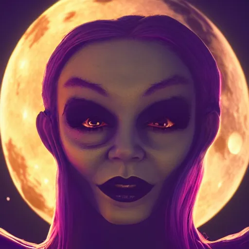 Prompt: portrait of wicked moon witch, beautiful, attractive, glowing, jaw dropping, magical, dynamic lighting, dark, menacing, 4 k, octane render, age 2 0, background moon