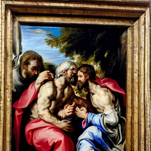 Image similar to the pope arm wrestling Jesus, 24mm Peter paul Rubens