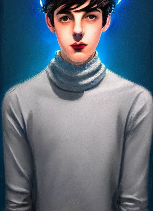 Image similar to portrait of teenage jughead jones wearing a light grey crown, crown, blue turtleneck, 1 9 5 0 s, closed eyes, photorealistic, black hair, glowing lighting, intricate, elegant, glowing lights, highly detailed, digital painting, artstation, concept art, smooth, sharp focus, illustration, art by wlop, mars ravelo and greg rutkowski