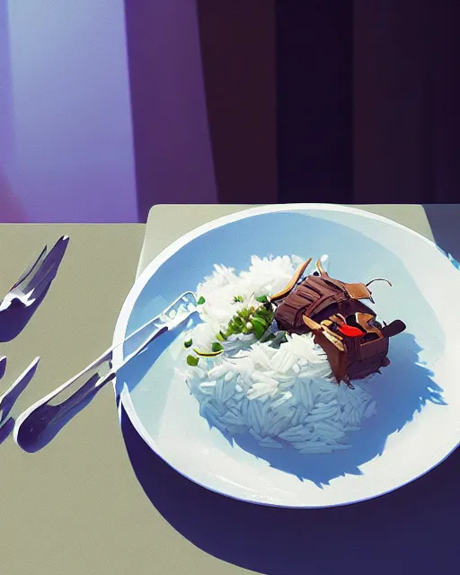 Image similar to a plate with suhi and cooked rice on a kitchen table, cory loftis, james gilleard, atey ghailan, makoto shinkai, goro fujita, studio ghibli, rim light, exquisite lighting, clear focus, very coherent, plain background, soft painting