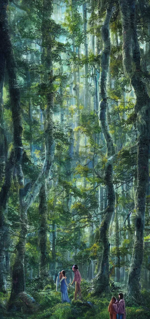 Image similar to intricate color photo of young lovers in a fantasy forest of tall trees 8 k octane beautifully detailed render by best painter in the world