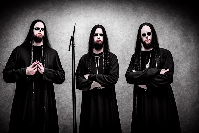 Image similar to a christian religious black metal band playing christian black metal, stage outfits, cinematic, elegant, professional studio light, real dlsr photography, sharp focus, 4 k, ultra hd, sense of awe, high fashion