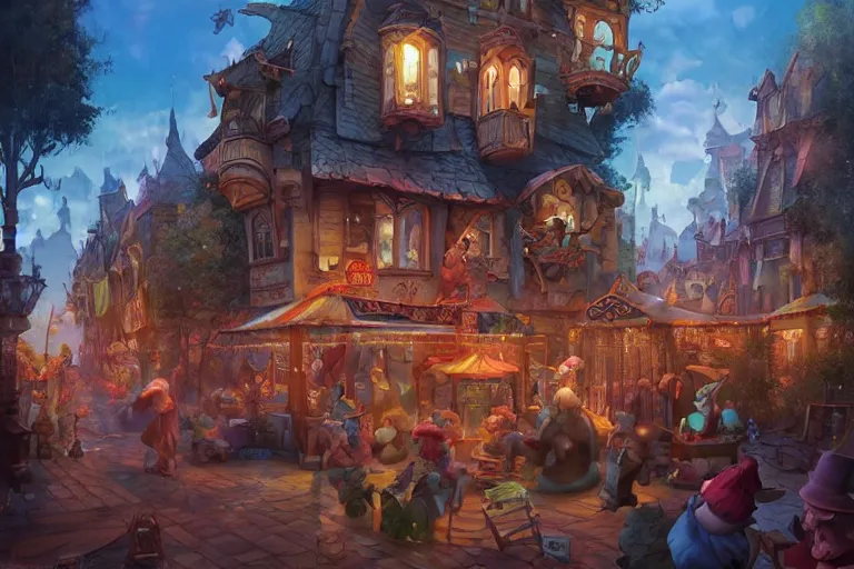 Image similar to circus cozy fantasy village street view by artgerm and Craig Mullins, James Jean, Andrey Ryabovichev, Mark Simonetti and Peter Morbacher 16k