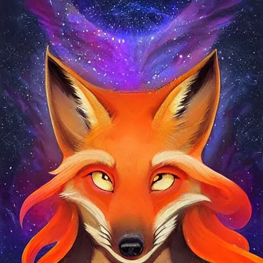 Image similar to a stylized painting for an avatar portrait of an awesome cosmic powerful anthropomorphic kitsune fox mage themed around death and the stars and the cosmos, in the style of dnd beyond avatar portraits, beautiful, artistic, elegant, lens flare, magical, lens flare, nature, realism, stylized, art by jeff easley