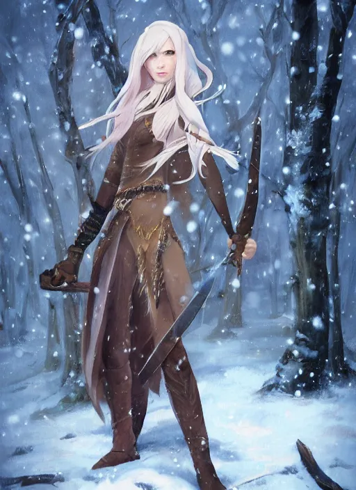 Image similar to a female elven hunter in winter, snowy background, snowy. Holding a hunting knife. Facing the camera, long shot. By Makoto Shinkai, Stanley Artgerm Lau, WLOP, Rossdraws, James Jean, Andrei Riabovitchev, Marc Simonetti, krenz cushart, Sakimichan, trending on ArtStation, digital art.