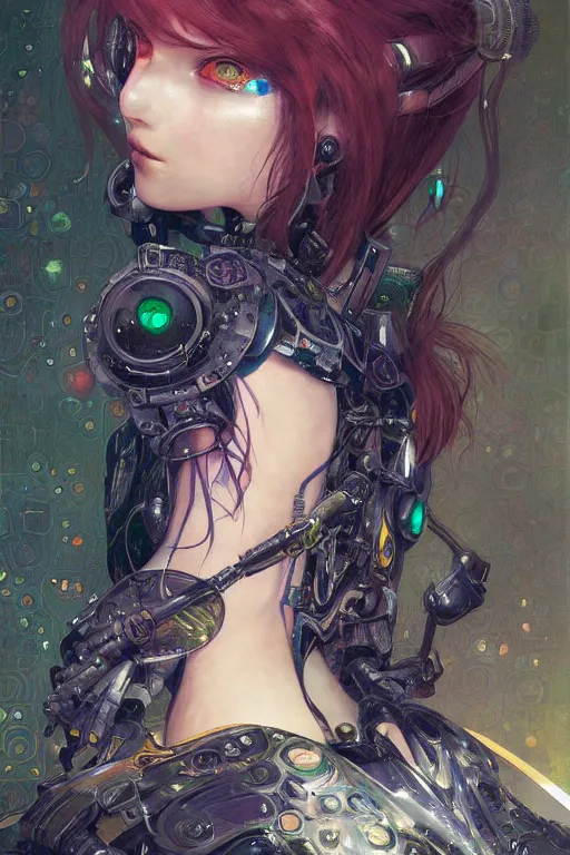 Prompt: portrait of beautiful young golbin fairy, cyberpunk, Warhammer, highly detailed, artstation, illustration, art by Gustav Klimt and Range Murata and Ilya Kuvshinov and Sakimichan