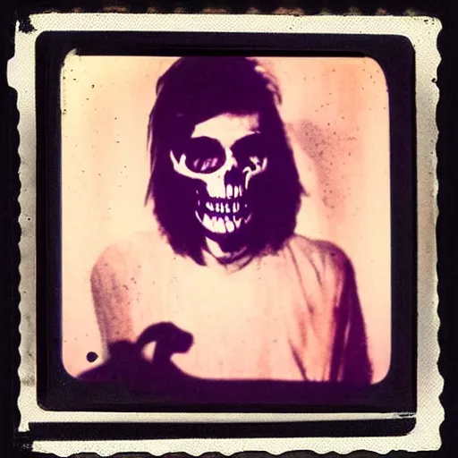 Image similar to selfie with a skull and an angel in the street of Night Vale, polaroid photo, by Warhol,