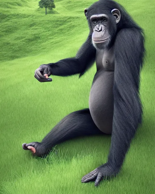 Prompt: very detailed high resolution illustration of a chimpanzee, rolling green hills, 3 d, 8 k, extremely detailed, artstation