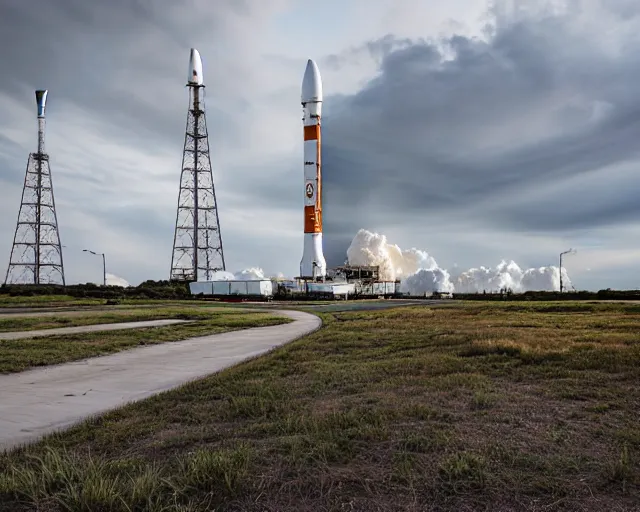 Prompt: landscape photography by marc adamus, artemis moon rocket arrives at cape canaveral launch pad ahead of historic mission, dramatic lighting, clouds, beautiful