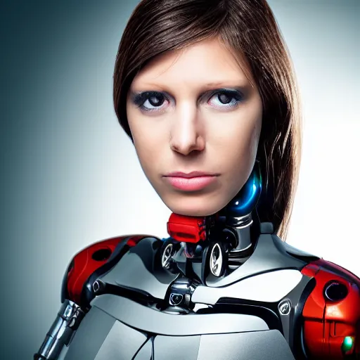 Prompt: portrait photo of female cyborg