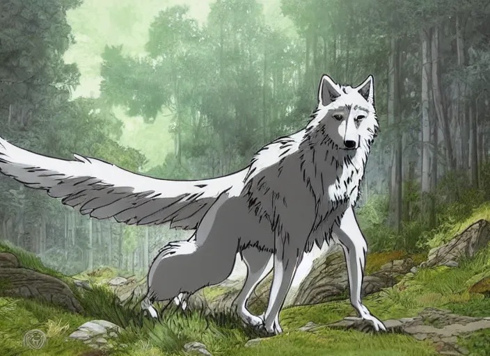 Prompt: a majestic beautiful wolf spreading his wings in a mythical forest next to a pathway, grey eyes, by ghibli studio and miyasaki, illustration, great composition