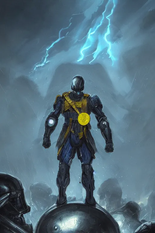 Prompt: a distant shot of a single super soldier with blue and yellow flag and standing alone on a huge pile of human skulls as a winner, masculine figure, D&D, fantasy, dark atmosphere, beam of lights through the clouds, intricate, elegant, highly detailed, extremely detailed, digital painting, artstation, concept art, matte, smooth, sharp focus, illustration, art by Artgerm and Greg Rutkowski and Alphonse Mucha