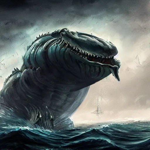 Image similar to sea monster looks like ship, deep dark sea, marine animal, highly detailed, digital painting, smooth, sharp focus, illustration, artstation