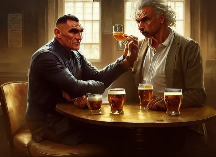 Image similar to vinnie jones and ghandhi and einstein in a pub, real life skin, intricate, elegant, highly detailed, artstation, concept art, smooth, sharp focus, art by artgerm and greg rutkowski and alphonse mucha