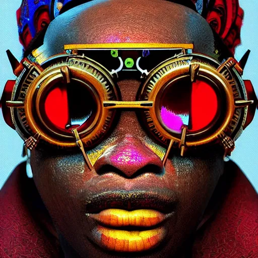 Image similar to colourful vfx upper half - portrait - art of a nigerian tribal chief wearing steam punk goggles, art by utagawa kunisada & james jean, symmetrical, intricate detail, concept art, volumetric light, ray tracing, caricature, digital illustration, octane 3 d render, unreal engine, sharp, 8 k post process, pinterest, behance, art station,