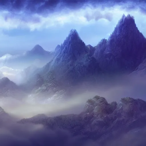 Prompt: digital artwork of a beautiful fantasy landscape of magical mountains encircled by clouds, mist, auras