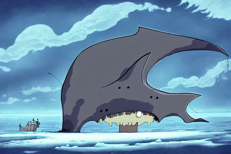 Prompt: cell shaded cartoon of a giant lovecraftian mechanized grey manta ray from howl's moving castle ( 2 0 0 4 ), in an icy river, full body, wide shot, very muted colors, post grunge, studio ghibli, highly detailed, deviantart, art by artgem