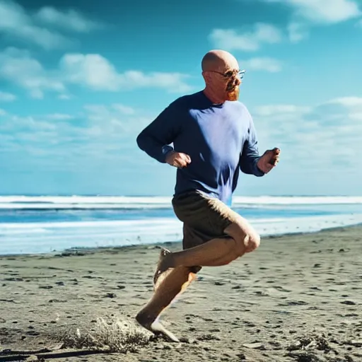 Image similar to Walter White running on the beach, artistic, 8k, cinematic, accurate, symetric, face, dramatic lighting, pastel colours