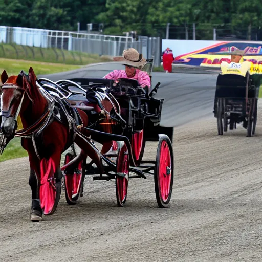 Image similar to amish horse pulled buggy in a nascar race, long shot