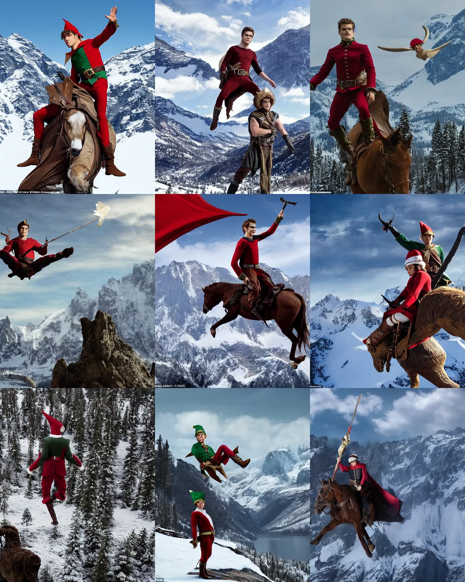 Prompt: Actor Paul Wesley, dressed as an Elf Ranger, rides bareback style on top of a giant Eagle as it soars over snowy mountains, photorealistic and cinematic