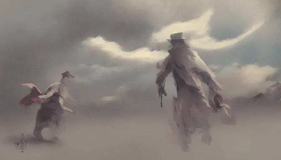 Image similar to craig mullins and ghibli digital illustration of ukiyo - e style, ghosts walking at night, clouds and mist, folding fan, wide angle, manzhu sand, hand - painted, granular sense, rich color, red tone, dry bones, beauty, hyper realism, realistic shading, cinematic composition, realistic render, octane render, detailed textures, photorealistic, wide shot