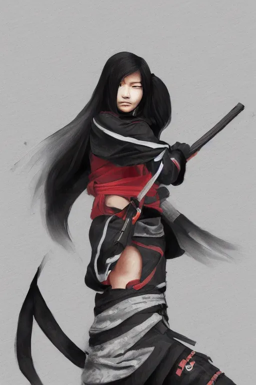 Image similar to native japanese young woman dressed like shinobi ninja, focused stare, partially masked, highly detailed, photorealistic render, digital painting, trending on artstation, character design, overcast weather