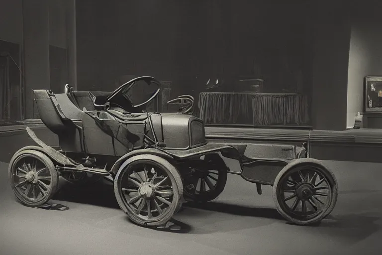 Image similar to cyberpunk 1 9 0 8 model ford t, volumetric lighting, in a museum, museum exhibit, museum lighting, 9 0 s film photo