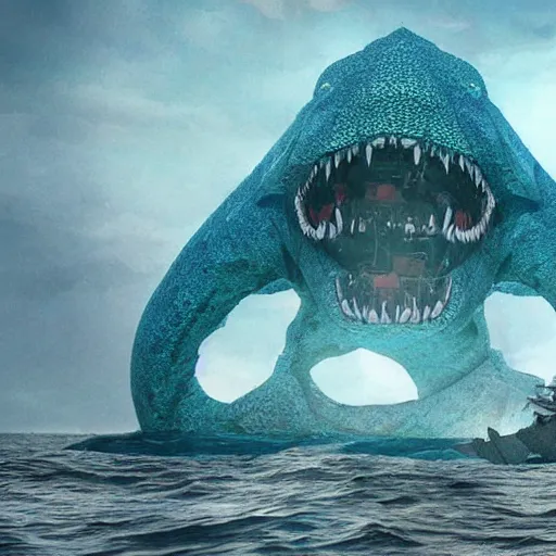 Prompt: a kaiju sea monster built from a cathedral rises from the ocean depths