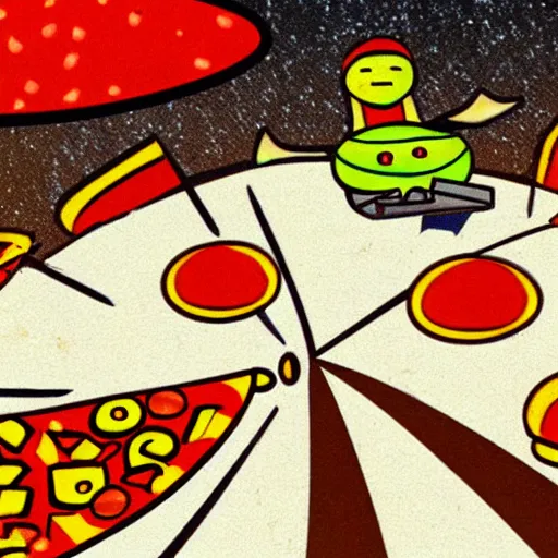 Prompt: a UFO abducts a pizza on top of a factory