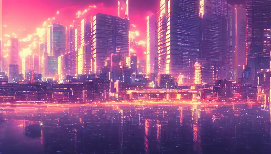 Image similar to beautiful anime synthwave cityscape by makoto shinkai