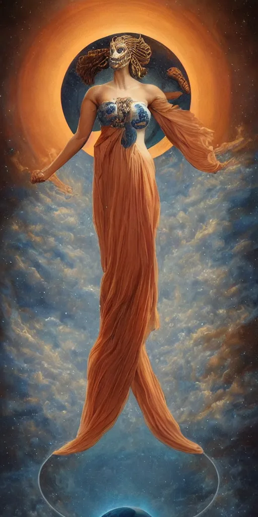 Image similar to full body portrait of beautiful goddess of mars theme inspired wearing blue and white carved details moving dress, she is floating in the air, planet mars in the background, open sky, highly detailed, mystical, little orange fog, circle forms, iper realistic, paint on canvas, art by tom bagshaw and karol bak