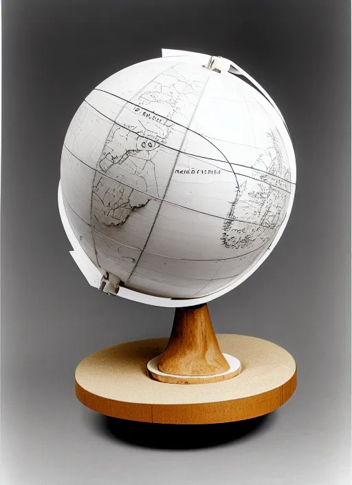 Image similar to realistic photo of a scientific model of an ugly rough globe made of white clay with wooden details, front view 1 9 9 0, life magazine reportage photo, metropolitan museum photo