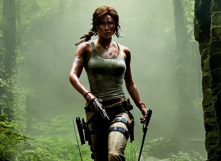 Image similar to film still of!!!! daisy edgar jones!!! as lara croft in new tomb raider movie, 8 k