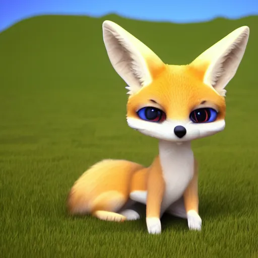 Prompt: a 3 d render of a chibi fennec fox being playful on a grassy hill, 4 k