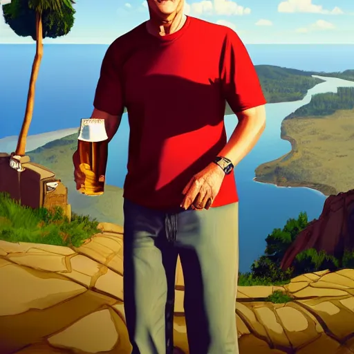 Image similar to Tom hanks at the top of a mountain, scenic view, holding a beer!!, digital art, gta 5 cover art, trending on artstation