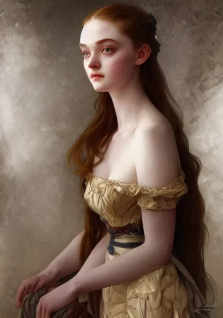 Image similar to sansa elle fanning, intricate, elegant, highly detailed, digital painting, artstation, concept art, smooth, sharp focus, illustration, art by artgerm and greg rutkowski and alphonse mucha and william - adolphe bouguereau