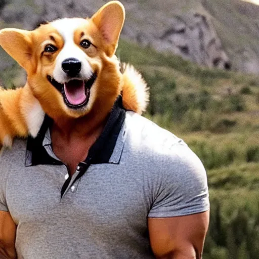 Image similar to photo of dwayne johnson riding a giant corgi, highly - detailed, sharp focus, award - winning