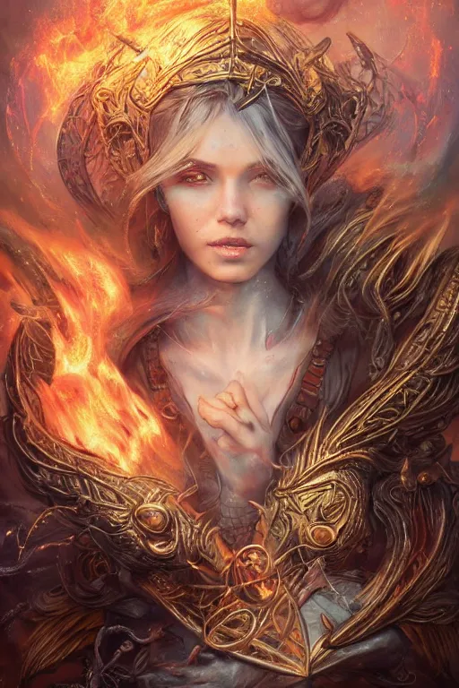 Image similar to front portrait of beautiful girl sorcerer looking up with fire and golden dragon skin, celtic rune tattoos, casting magic spell, angel, fantasy, magic the gathering, hyper detailed, 3 d render, hyper realistic detailed portrait, peter mohrbacher, wlop, ruan jia, luis royo