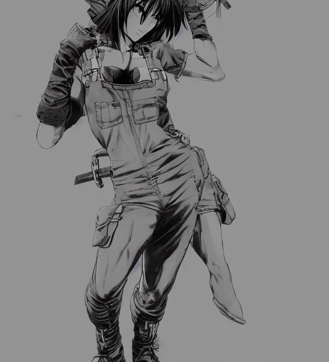 Image similar to full body pose, hd, manga anime portrait of a beautiful woman in combat boots and overalls, in ishikawa ken frank miller jim lee alex ross style detailed trending award winning on flickr artstation,