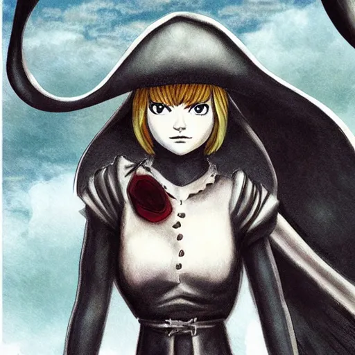 Image similar to Emma Stone as a pirate in the style of Berserk, by Kentaro Miura