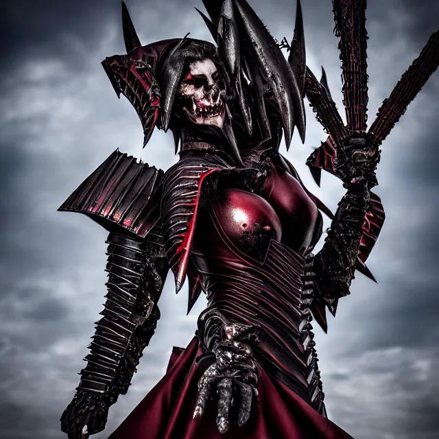 Image similar to full body photo of a vampire queen warrior wearing demonic armour, highly detailed, 4 k, hdr, smooth, sharp focus, high resolution, award - winning photo