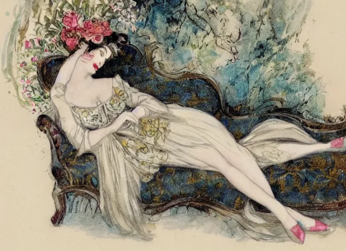 Image similar to Louis Icart, an old elaborate colored drawing of a woman laying eloquently on a sofa, wearing flowing dress with floral motifs, by Louis Icart, highly detailed, masterpiece