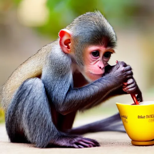 Image similar to cute baby monkey drinking lemonade,