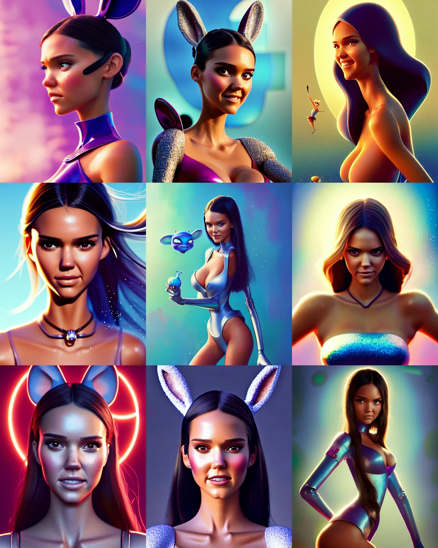 Prompt: disney pixar movie still portrait photo of jessica alba, kendall jenner : : as bunnygirl cyborg woman by weta : : by greg rutkowski, wlop, ilya kuvshinov, rossdraws, artgerm, leeloo, rave makeup, maxim magazine cover, unreal engine, sweaty, glitter, pearlescent, morning, anime, : :