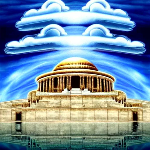 Image similar to hidden imagery incredible digital art optical illusion, superb detailed clouds shaped like the second temple in jerusalem, awe inspiring, masterpiece surrealism