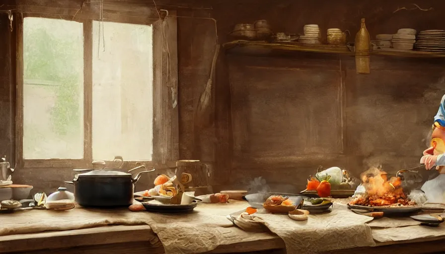 Image similar to babouchka cooking in old 1 9 0 0's wooden kitchen, pan and plates, hyperdetailed, artstation, cgsociety, 8 k