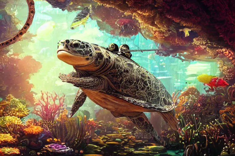 Image similar to beautiful painting of a huge caretta wearing a steampunk armour floating in a natural cave aquarium, coral reef, water bubbles, intricate details, jewel fishes, two magnificent jelly fish, realistic shaded , highly detailed, artstation, art by pascal campion, octane render, 4k, dynamic light, volumetric light, neon lights, cinematic mood