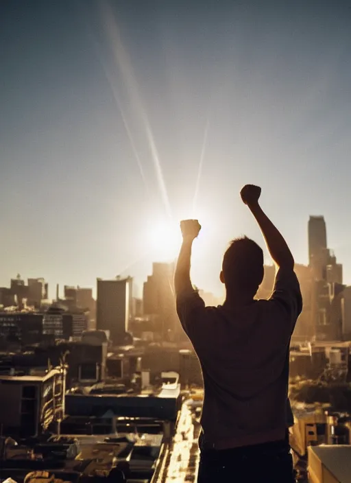 Prompt: a 3 5 mm photo from the back of a scientist raising a fist in triumph, standing in front of a city, splash art, movie still, bokeh, canon 5 0 mm, cinematic lighting, dramatic, film, photography, golden hour, depth of field, award - winning, anamorphic lens flare, 8 k, hyper detailed, 3 5 mm film grain