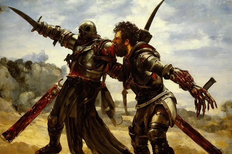 Image similar to landscape, realistic painting image about a templar knight has a mechanical arm, carrying a fire sword, versus a zombie mutant. dramatic scene, realism, created by gustave courbet and michaelangelo, trending in artstation, fine art, smooth draw with oil painting.