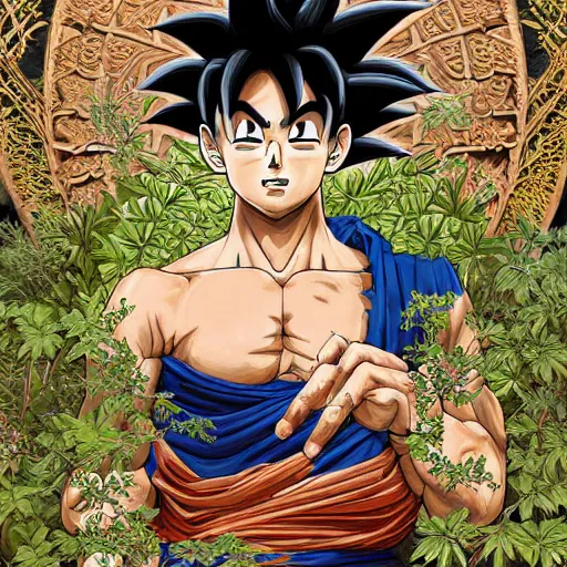 Prompt: intricate detailed portrait painting of goku on a beautiful forest meadow, temple ruins surrounded by lush forest, afternoon, intricate, elegant, highly detailed, digital painting, sharp, focus, illustration art by artgerm and greg rutkowski and alphonse mucha